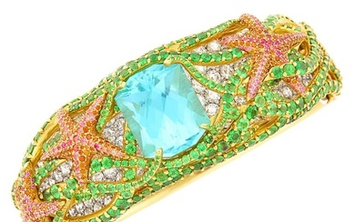 Tiffany & Co. Gold, Platinum, Blue-Green Tourmaline, Gem-Set and Diamond 'Sea Life' Cuff Bangle