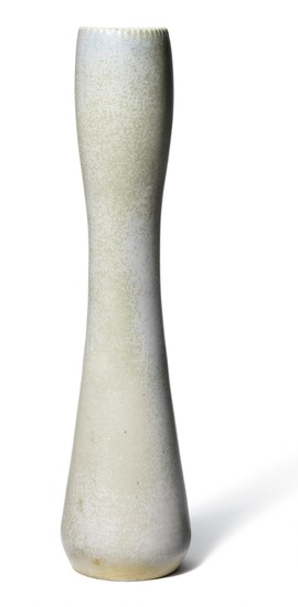 Toini Muona: A tall sculptural stoneware vase. Decorated with light green and sand coloured glaze with blue and grey elements. Signed TM. H. 50.4 cm.