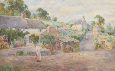 Tom Clough (British 1867-1943) Village scene with figures and ducks