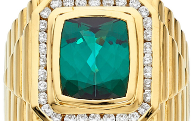 Tourmaline, Diamond, Gold Ring Stones: Cushion-shaped green tourmaline weighing...