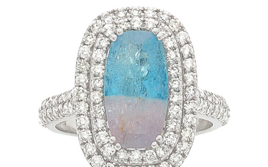 Tourmaline, Diamond, White Gold Ring Stones: Cushion-shaped greenish-blue and...