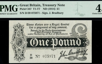 Treasury Series, John Bradbury, first issue £1, ND (7 August 1914), serial number D/39 075971,...