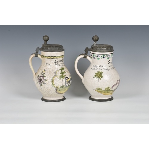 Two 19th century German pewter mounted ceramic stein, bulbou...