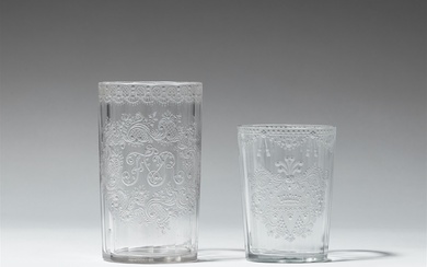Two Bohemian cut and wheel engraved glass beakers