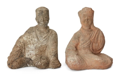 Two Chinese pottery funerary recumbent figures, Han dynasty, the tallest 22cm high (2). 漢 陶人像