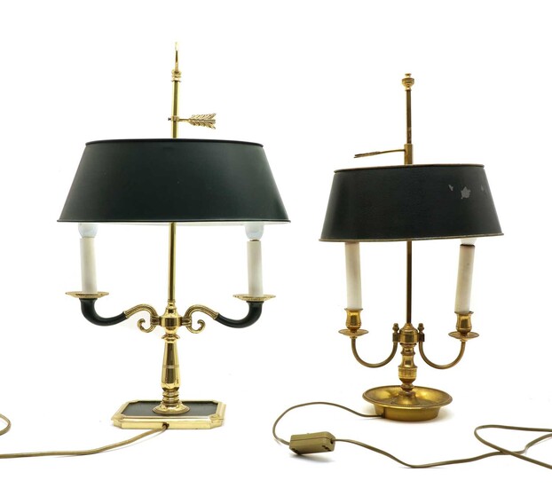 Two Empire style brass two-light table lamps