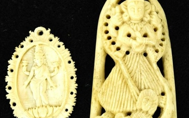 Two Hand Carved Bone Southeast Asian Pendants