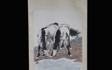 Two Horses, Chinese Ink Color Scroll Painting