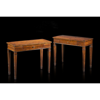 A pair of Piedmont 18th-century various woods veneered and inlaid centre tables (cm 97,5x79x48,8) (defects and restorations)