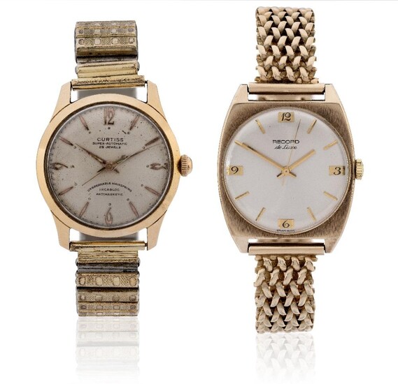 Two bracelet watches, including: an 18ct gold Curtiss watch on later flexible bracelet; and a 9ct gold manual wind Record de Luxe on a later woven 9ct gold bracelet. (2)