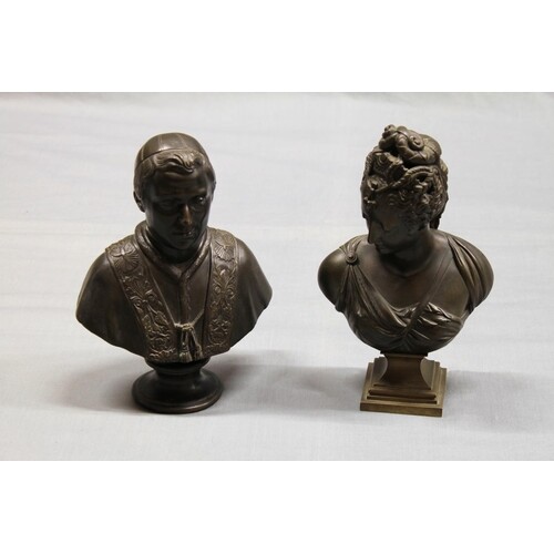 Two bronze busts on pedestal stands, the first of Pope Pius ...