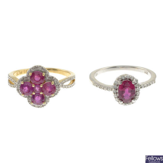 Two glass-filled ruby and diamond dress rings.