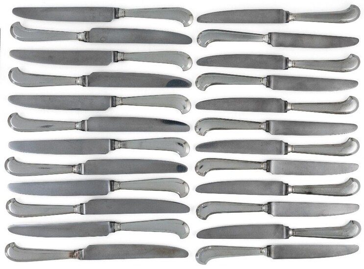 Two sets of faceted pistol grip handled knives, 20th century, the 12 table knives Sheffield, 1977, William Bush & Son, the 12 dessert knives Sheffield, 1981, JB (a lot)