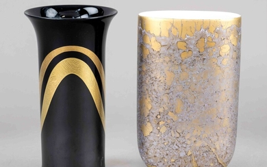 Two vases, Rosenthal, Studio-Line, 1970s, painted Dressler, flat pressed vase, sprayed gold decor on