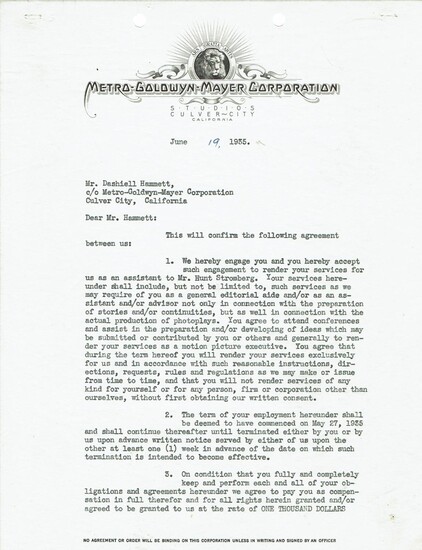 Typed Document Signed. MGM 1935