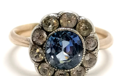 UNMARKED ANTIQUE GOLD BLUE (CORNFLOWER SAPPHIRE?) & WHITE STONE CLUSTER RING.