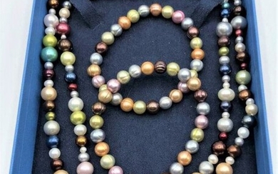 Unique Multi Color Pearl Necklace, 2 Matching Bracelets
