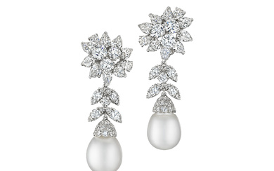 VAN CLEEF & ARPELS DIAMOND EARRINGS WITH UNSIGNED CULTURED PEARL AND DIAMOND DROPS