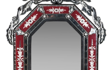 VENETIAN STYLE ETCHED CRANBERRY GLASS MIRROR 48 x 24 in. (121.9 x 61 cm.)