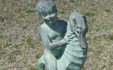 VERY HEAVY VINTAGE BRONZE SCULPTURE/FOUNTAIN OF BOY SEATED ON SEAHORSE