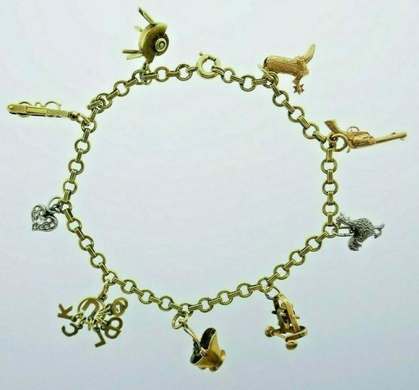 VINTAGE 14k Yellow, Platinum & Diamond Charm Bracelet
