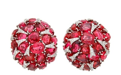 Verdura Pair of Platinum, Red Spinel and Diamond 'Ribbon' Cluster Earclips