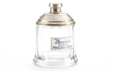 Very desirable vintage glass Cannister, circa 1915 with matching lid advertising "Borden's Malted