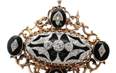 Victorian 14kt Gold Pendant / Brooch with Diamonds and Onyx