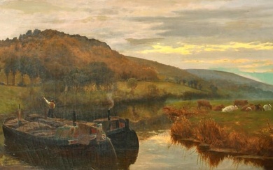 Victorian Oil Painting Barge Boats by Pastoral River Sunset Cattle Grazing