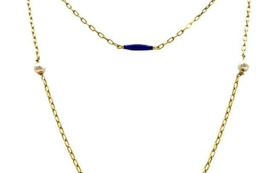 Vintage Artisan Enamel Pearl Yellow Gold Chain Necklace