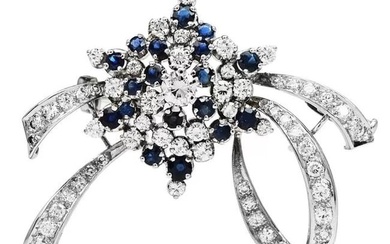 Vintage Diamond Blue Sapphire 18K White Gold Cluster Flower Ribbon Brooch Pin