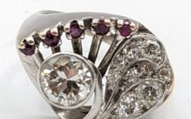 Vintage Ladies 14K White Gold Diamond & Ruby Ring