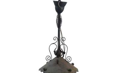 Vintage Wrought Iron and Metal Arts and Crafts Hanging Gas Hall Light - Electrified, 37 in. length
