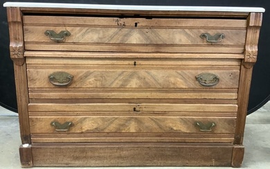 Vntg Marble Top 3 Drawer Carved Wooden Dresser