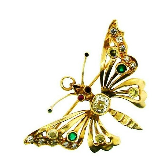 WOW 14k Yellow Gold, Diamond, Emerald & Ruby Butterfly