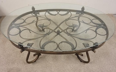 WROUGHT IRON & GLASS OVAL COFFEE TABLE