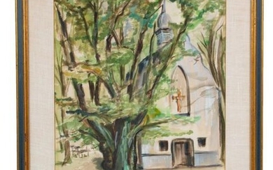 Watercolor Gouache Church Landscape, Signed