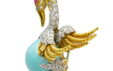 Webb Turquoise, diamond and ruby swan brooch in 18k yellow gold and platinum