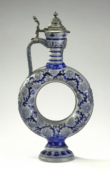 Westerwald style ornamental stoneware ring ewer, 20"h