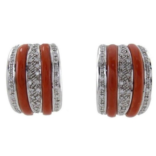 White Diamonds, Red Corals,White Gold Clip-on Earrings