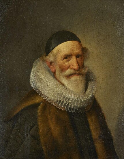 Willem Willemsz. van der Vliet, Dutch c.1584-1642- Portrait of a man, aged 52, traditionally identified as Reinier Pauw, in black embroidered dress, fur collar, white lace ruff and a skull cap; oil on panel, signed, inscribed and dated 'AEta[tis]...