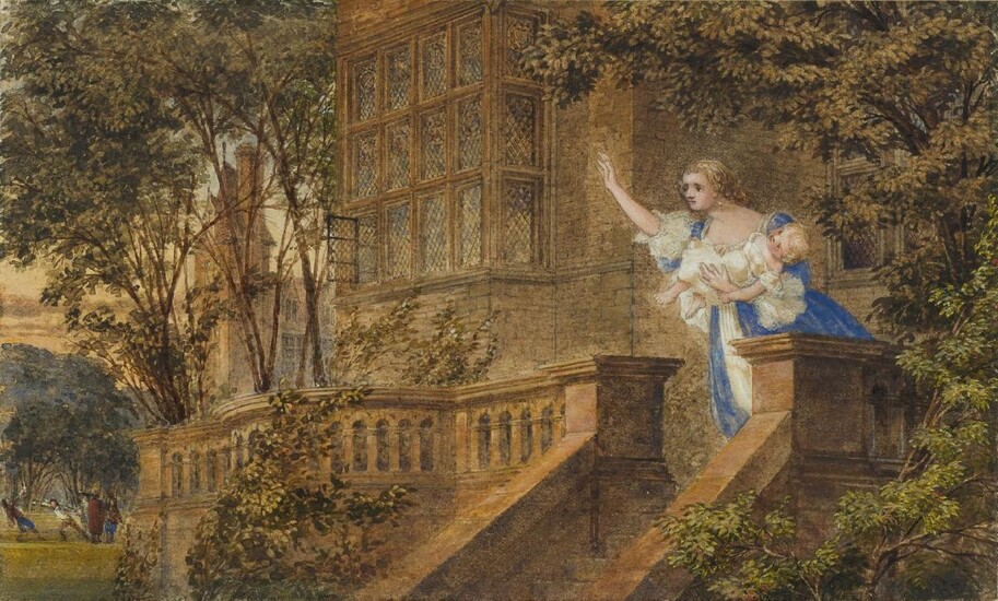 William Bell Scott, Scottish 1811-1890- A lady on a terrace with a baby, a duel beyond; pencil and watercolour heightened with white on paper, signed with initials â€˜WB.S.â€™ (lower right), 12 x 19.8 cm. Provenance: Alan B. Gateley and thence by...