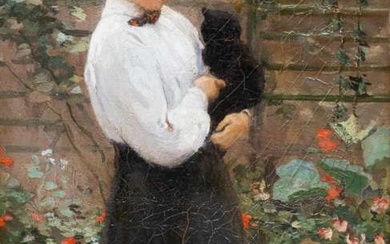 Willy Sluiter (1873-1949), Jonge vrouw in de tuin met een zwarte kat
