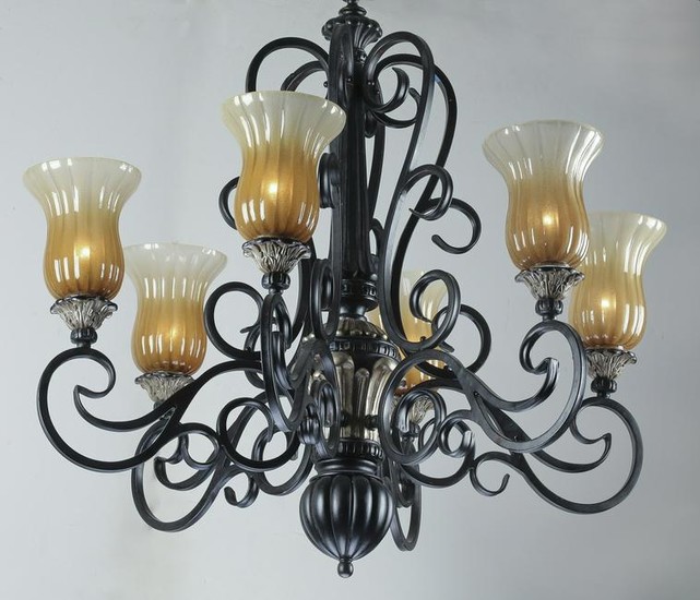 Wrought iron 6-light chandelier w/ glass shades
