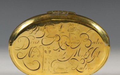Yellow copper oval tobacco box, ca. 1800, both...