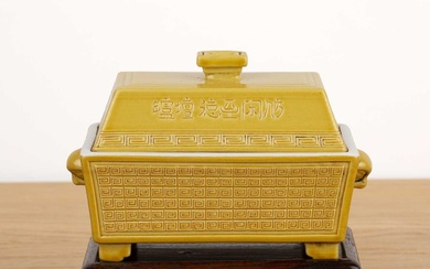 Yellow ground porcelain box and cover Chinese of rectangular form,...