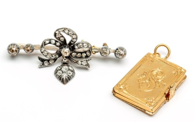Zilveren staafbroche en een gouden medaillon, 19e eeuw.