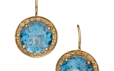 Zircon, Diamond, Gold Earrings The earrings feature round-cut blue...
