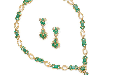an emerald and diamond necklace and ear pendants
