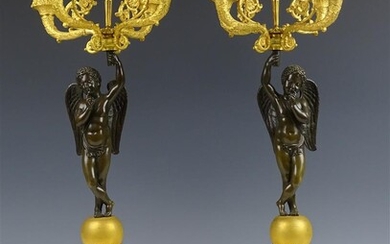 (-), stel Franse vuurverguld bronzen empire 4-lichts kandelaars...